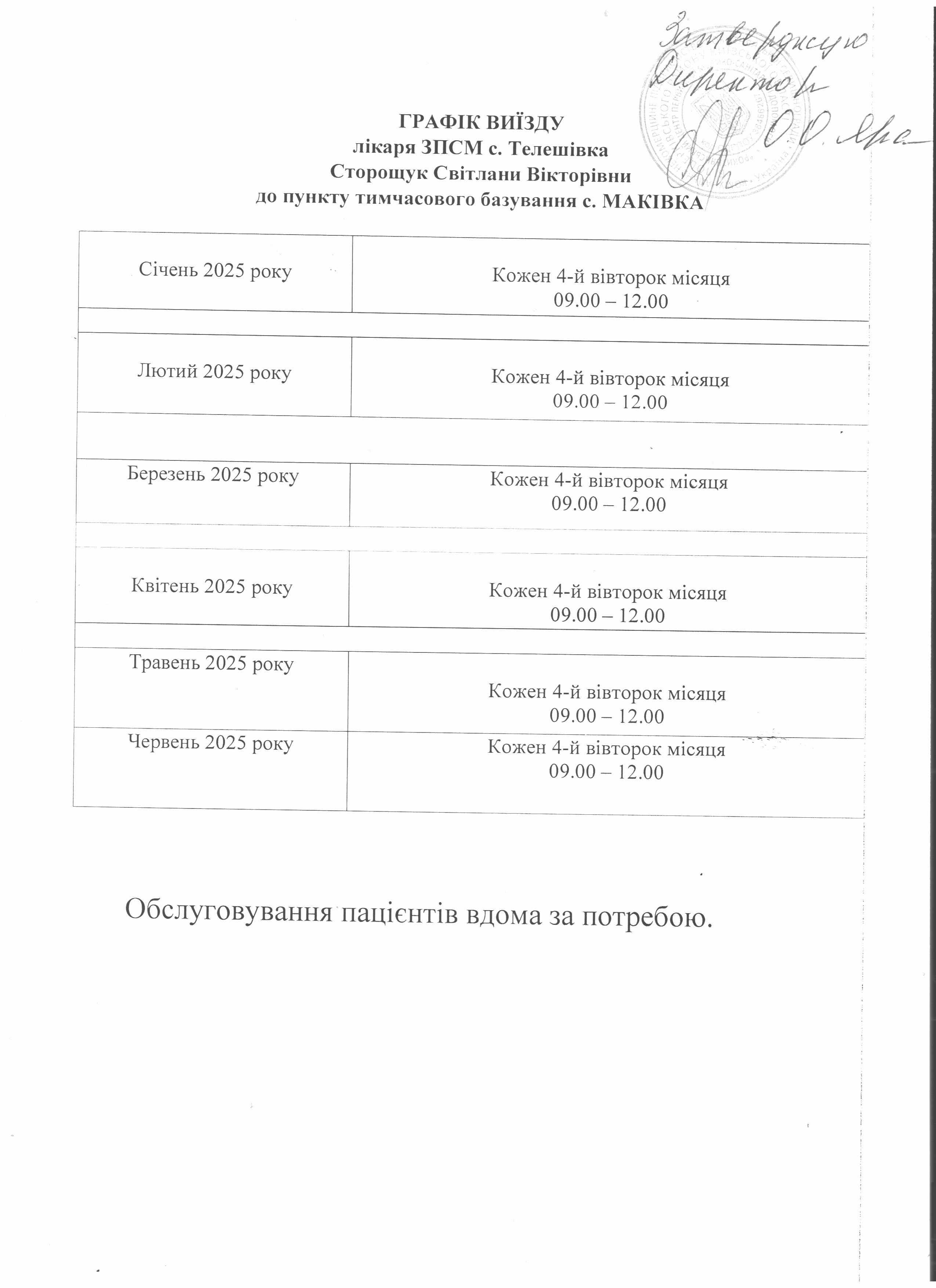 Графік виїзду до пунктів тимчасового базування