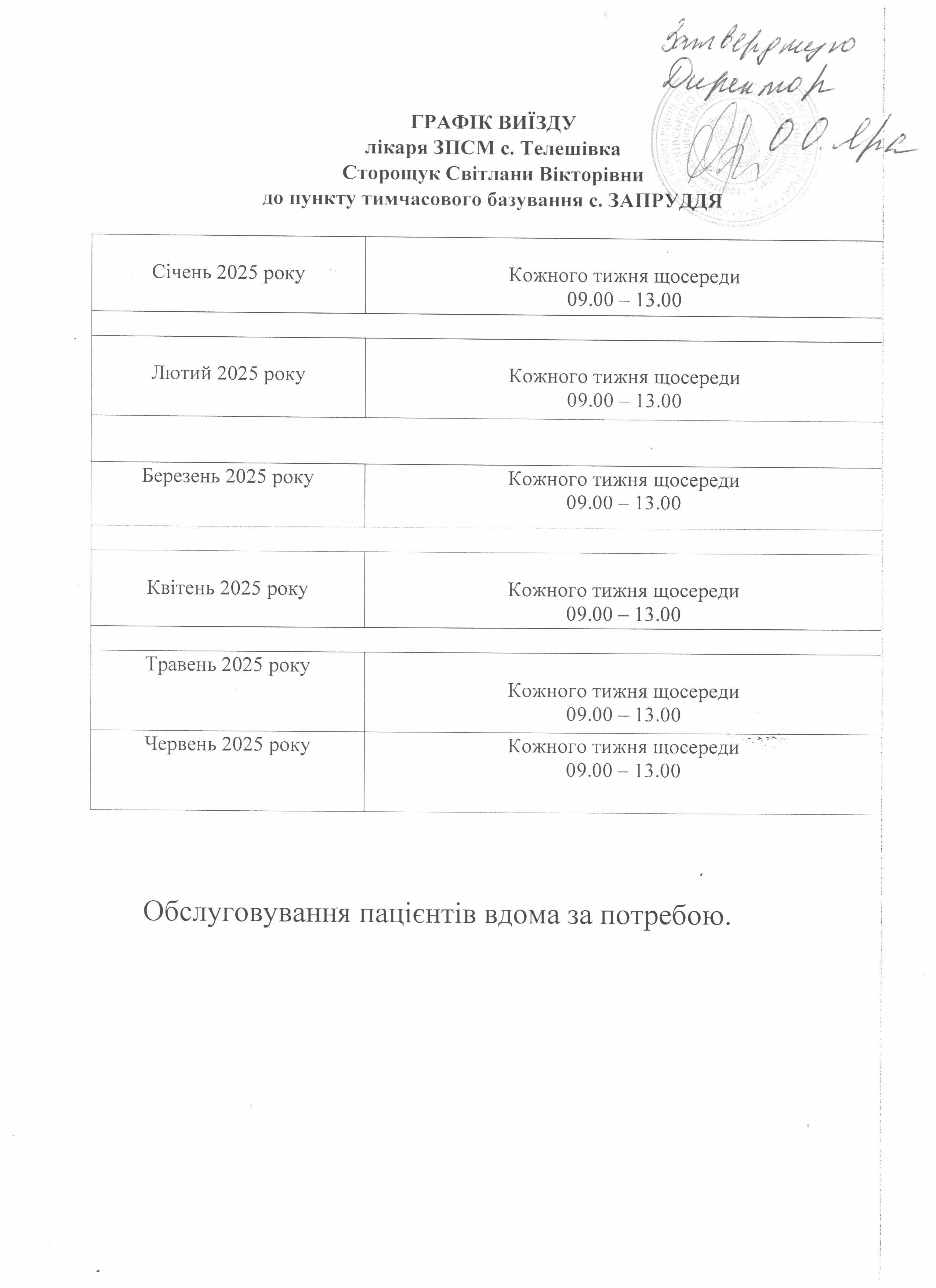 Графік виїзду до пунктів тимчасового базування